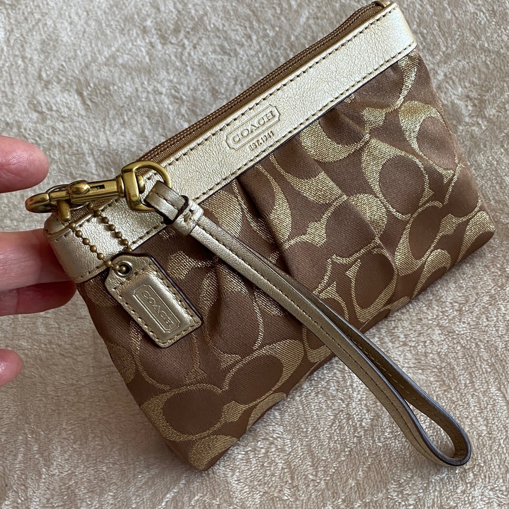 Coach Signature Brown and Gold Wristlet
